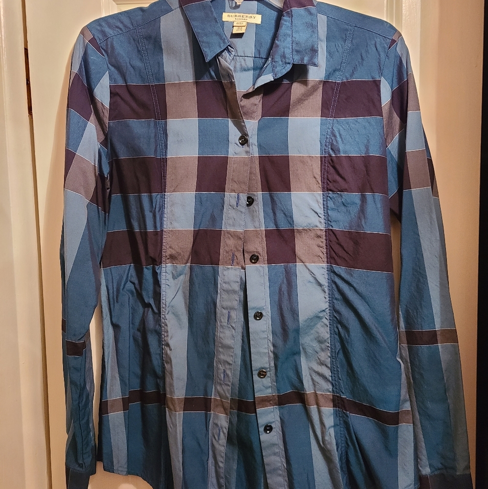 Burberry, size 8, navy blue button up